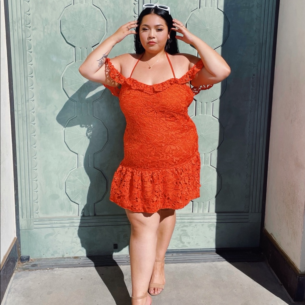 Orange floral lace mini dress